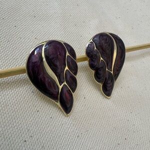 Vintage Deep Purple Enamel Wing Clip-On Earrings Silver Toned